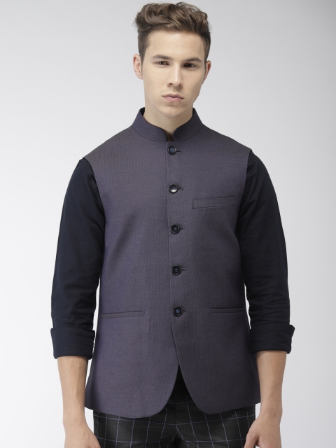 

Park Avenue Men Navy Slim Fit Self-Design Single-Breasted Nehru Jacket, Navy blue