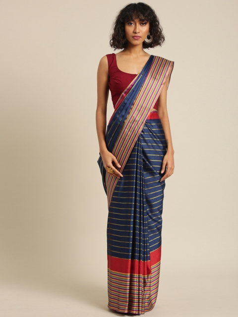 

Varkala Silk Sarees Navy Blue & Red Polycotton Striped Banarasi Saree