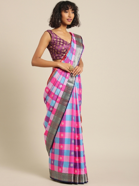 

Varkala Silk Sarees Purple & Pink Silk Blend Checked Banarasi Saree