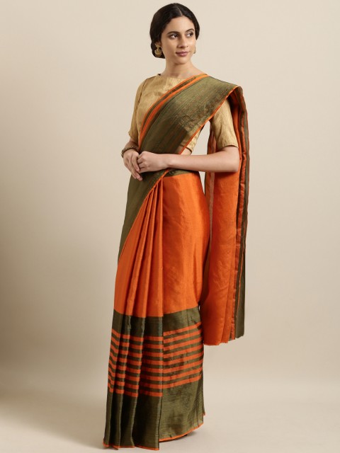 

Varkala Silk Sarees Orange & Olive Green Polycotton Striped Banarasi Saree