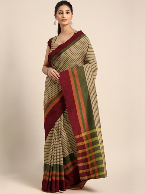 

Varkala Silk Sarees Beige & Maroon Polycotton Striped Banarasi Saree