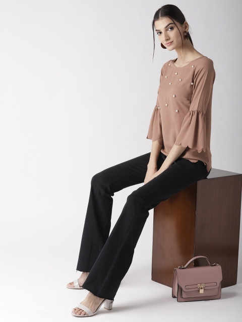 

plusS Women Brown Solid Top with Embellished Detail