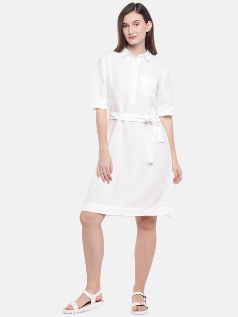 

United Colors of Benetton Women White Semi Sheer Linen Shirt Dress