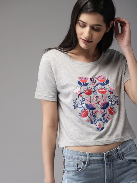 

Moda Rapido Women Grey Melange Self Design Embroidered Round Neck Crop T-shirt