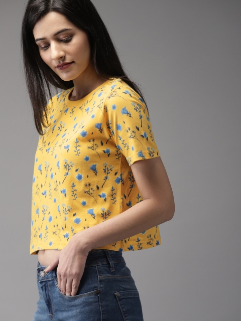

Moda Rapido Women Yellow Floral Printed Round Neck Crop T-shirt