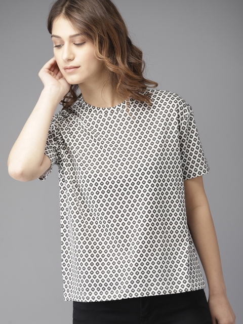 

HERE&NOW Women White & Charcoal Grey Printed Round Neck T-shirt