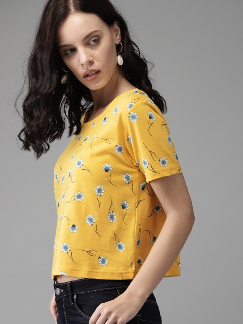 

Moda Rapido Women Yellow & Blue Printed Round Neck Crop T-shirt