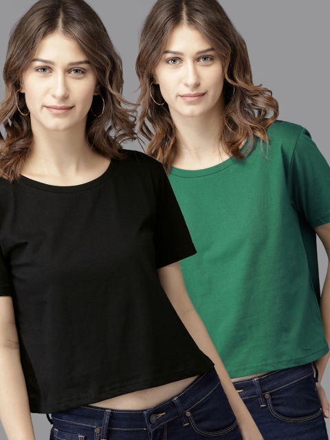 

HERENOW Women Green Black Pack Of 2 Solid Pure Cotton T-shirts