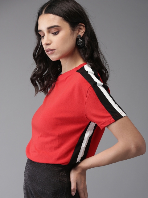 

Moda Rapido Women Red Black Solid Round Neck Pure Cotton T-shirt