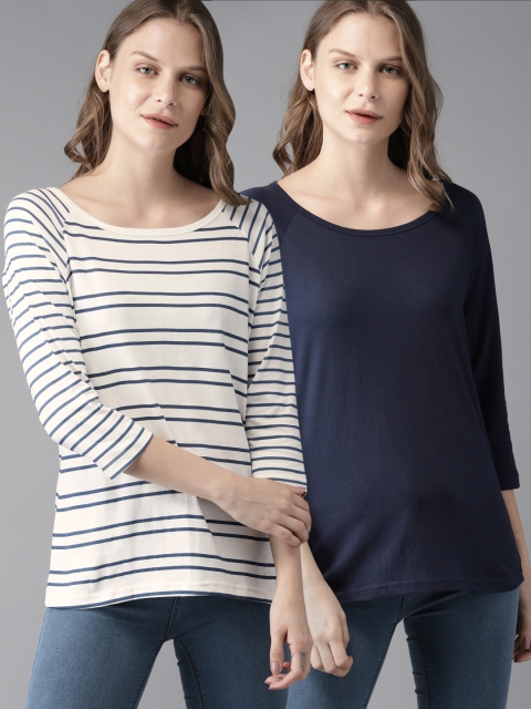 

HERE&NOW Women Pack of 2 Round Neck T-shirts, Navy blue