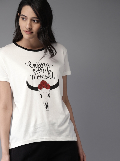 

Moda Rapido Women White Printed Round Neck T-shirt