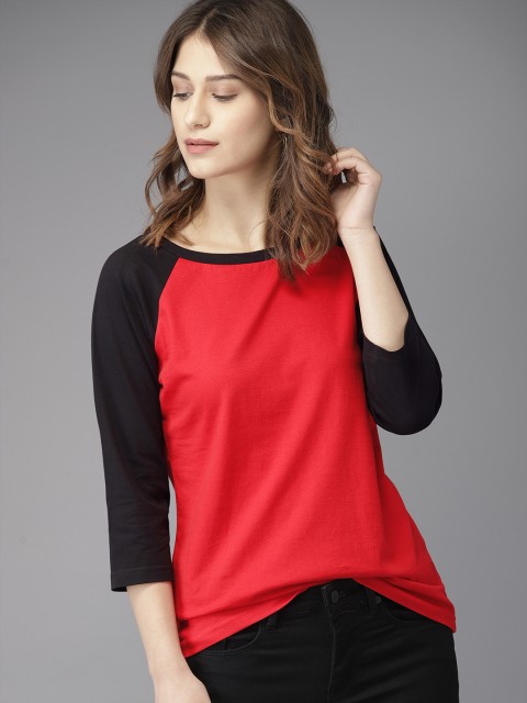 

HERE&NOW Women Red & Black Solid Round Neck T-shirt
