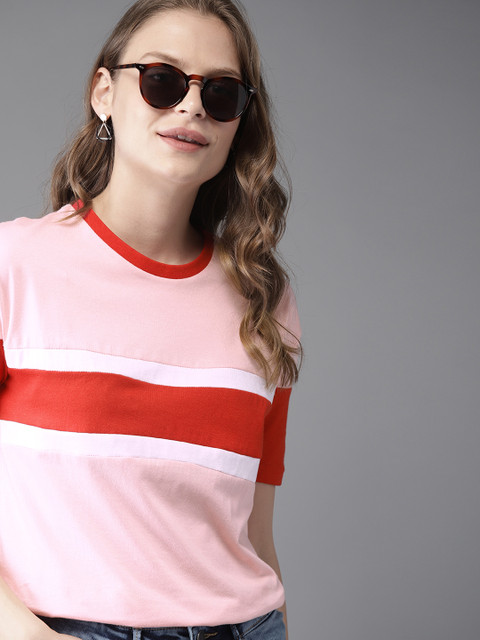

HERE&NOW Women Red & White Colourblocked Round Neck T-shirt