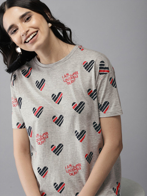 

Moda Rapido Women Grey Printed Round Neck Pure Cotton T-shirt