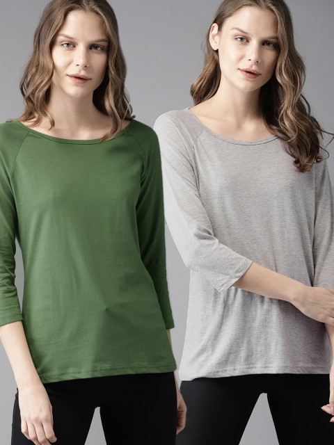

HERE&NOW Women Pack of 2 Solid Round Neck T-shirts, Green