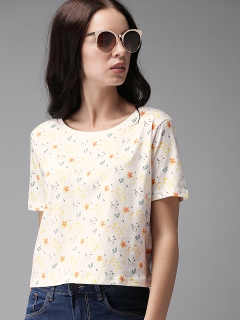 

Moda Rapido Women Off-White & Yellow Printed Round Neck T-shirt