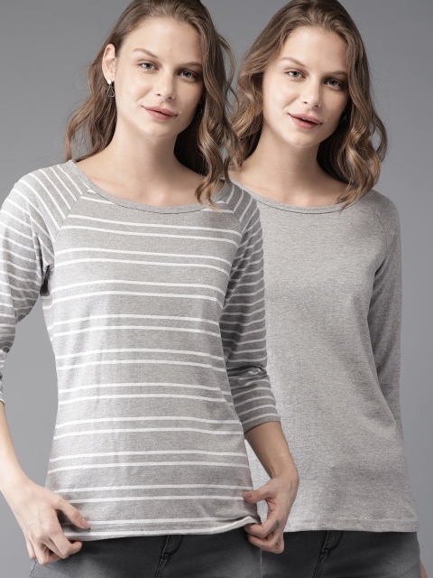 

HERE&NOW Women Pack Of 2 Round Neck T-shirts, Grey melange