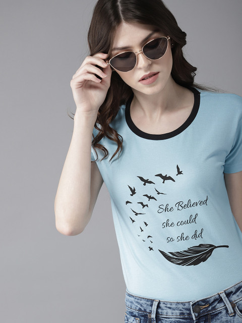 

Moda Rapido Women Blue Printed Round Neck Pure Cotton T-shirt