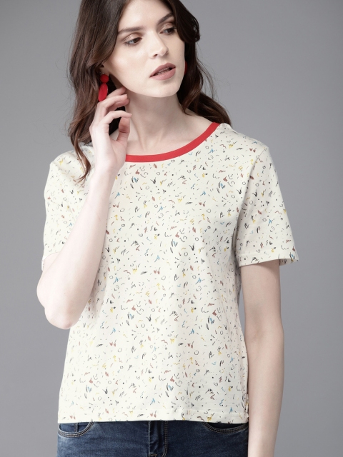 

Moda Rapido Women Off-White Printed Round Neck T-shirt