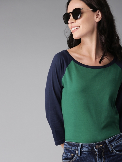 

HERE&NOW Women Green & Navy Blue Colourblocked Round Neck T-shirt