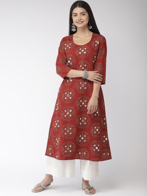 

FLAVIDO Women Maroon Embroidered A-Line Kurta