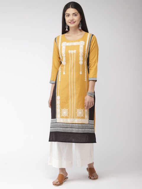 

FLAVIDO Women Mustard Yellow & Black Woven Design Straight Kurta