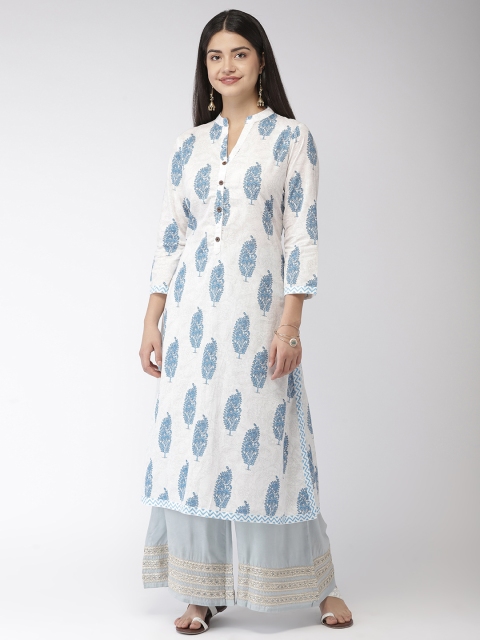 

FLAVIDO Women White & Blue Printed A-line Kurta