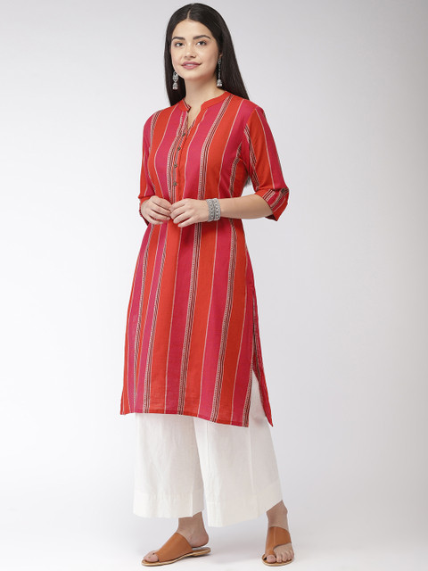 

FLAVIDO Women Orange & Pink Dobby Weave Striped Straight Kurta