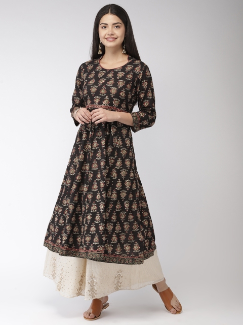 

FLAVIDO Women Black & Olive Green Bagru Handblock Printed A-Line Kurta
