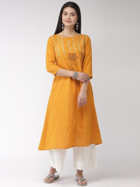 

FLAVIDO Women Mustard Yellow Embroidered A-Line Kurta