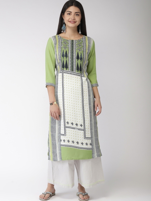 

FLAVIDO Women Olive Green & White Printed Straight Kurta