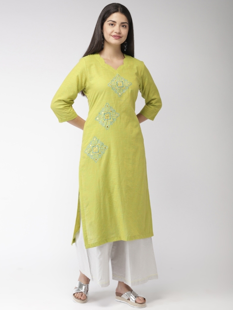 

FLAVIDO Women Green Embroidered Straight Kurta