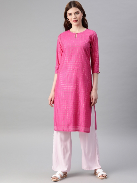 

Jaipur Kurti Women Pink & Gold-Toned Checked Straight Kurta