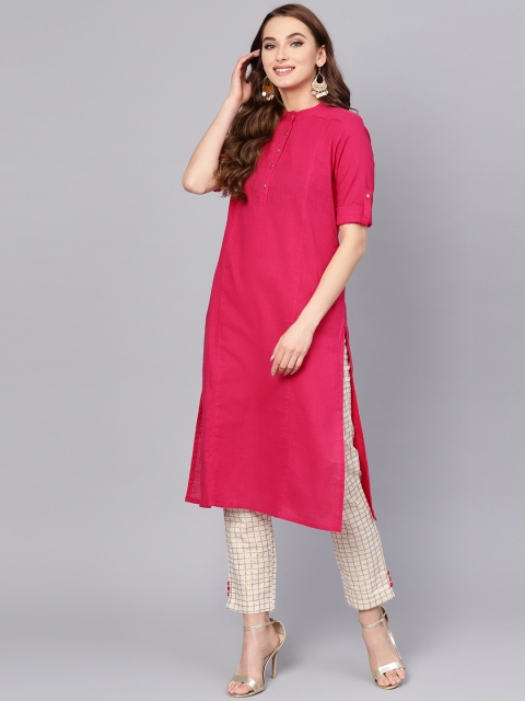 

Jaipur Kurti Women Fuchsia & Beige Solid Kurta with Trousers