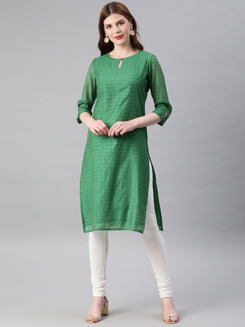 

Jaipur Kurti Women Green & Gold-Toned Checked Straight Kurta