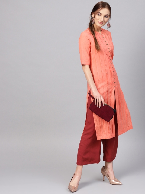 

Jaipur Kurti Women Peach-Coloured Solid Straight Pleated Kurta