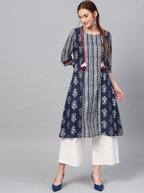 

Jaipur Kurti Women Navy Blue & Off-White Printed A-Line Kurta
