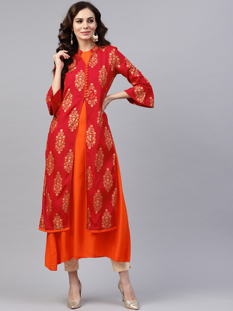 

Jaipur Kurti Women Red & Gold-Toned Printed Layered A-Line Kurta