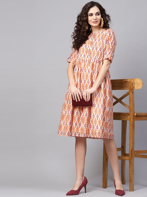 

Jaipur Kurti Women Off-White & Orange Printed A-Line Chanderi Dress