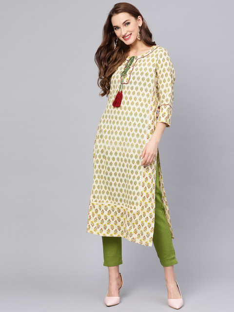

Jaipur Kurti Women Off-White & Green Printed Kurta with Trousers