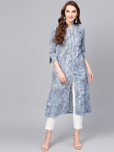 

Jaipur Kurti Women Blue & White Printed Kurta with Trousers