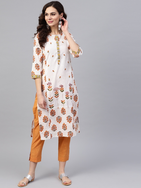 

Jaipur Kurti Women Off-White & Orange Embroidered Straight Kurta