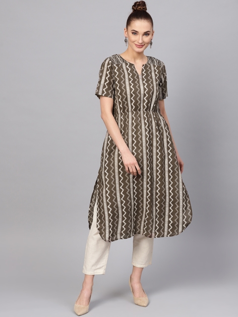 

Jaipur Kurti Women Charcoal Grey & White Striped Straight Kurta