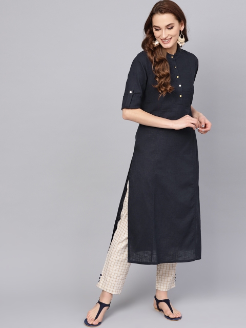 

Jaipur Kurti Women Navy Blue & Beige Solid Kurta with Trousers