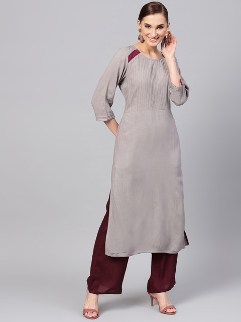 

Jaipur Kurti Women Grey & Brown Solid Kurta with Palazzos