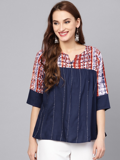 

Jaipur Kurti Women Navy Blue & Rust Red Printed Top