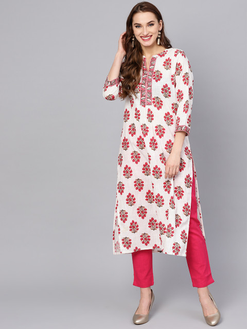 

Jaipur Kurti Women White & Pink Printed Kurta with Trousers