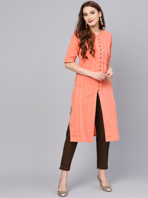 

Jaipur Kurti Women Coral Orange & Coffee Brown Solid Kurta with Trousers