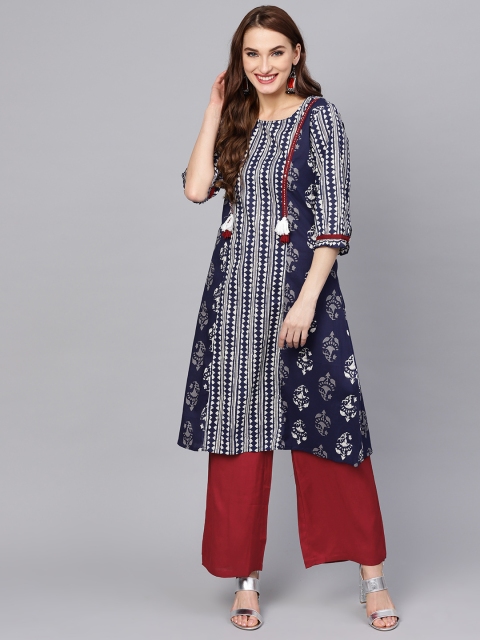 

Jaipur Kurti Women Navy Blue & Maroon Printed Kurta with Palazzos