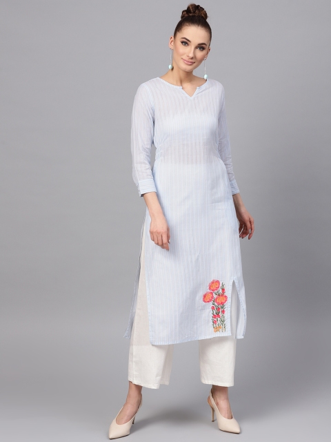 

Jaipur Kurti Women Blue & White Striped Semi-Sheer Straight Kurta